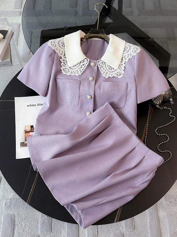 

Elegant Purple Short Sleeve Top And Short Skirt Two Piece Set for Women Fashionable Ageless Summer Outfit Cotton Casual Sport...