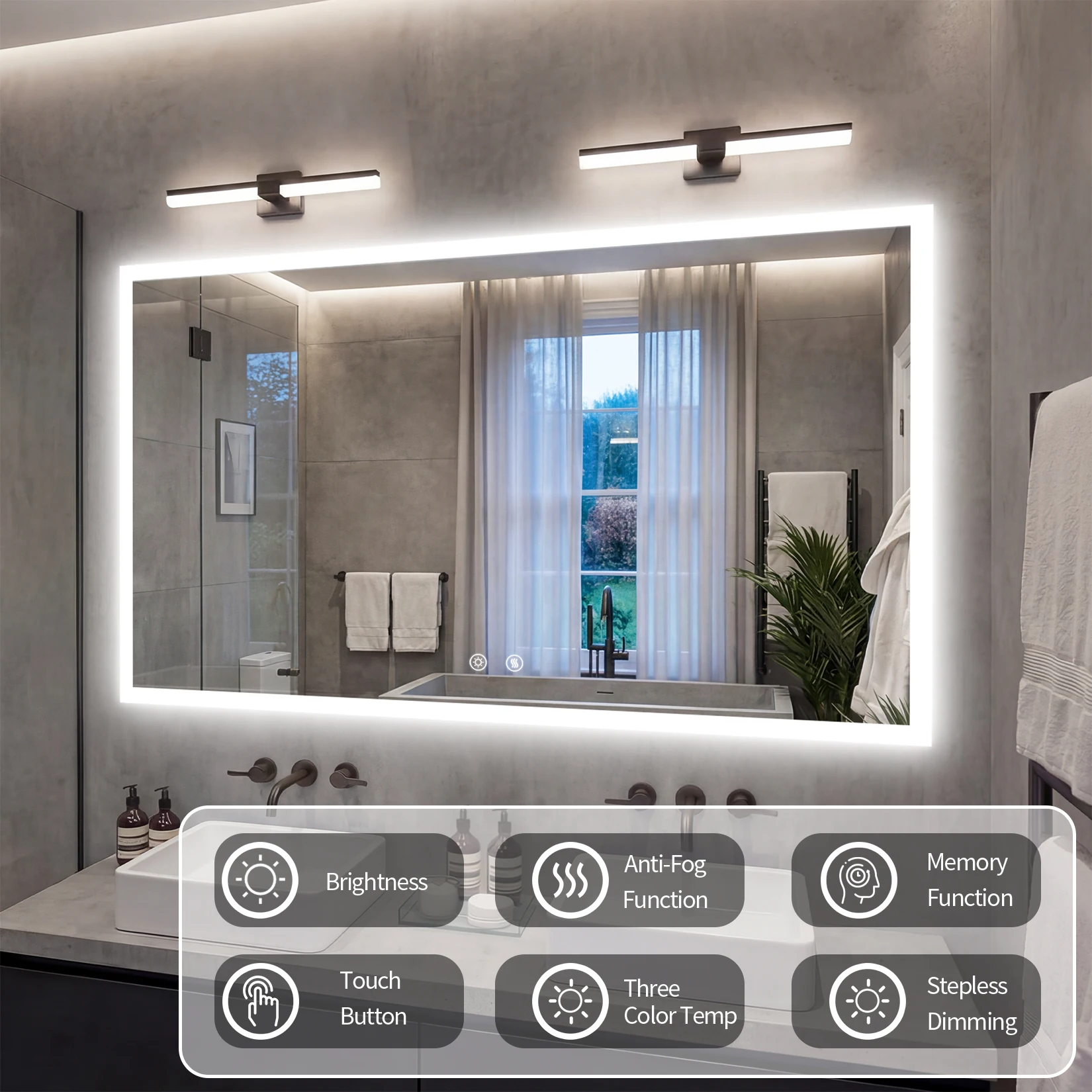LED-Badezimmerspiegel, moderner Schminkspiegel, 900/100/1200 mm, rahmenloser, rechteckiger Spiegel aus gehärtetem Glas mit Antibeschlagfunktion, 3 Farben, Speicherfunktion, Hintergrundbeleuchtung,