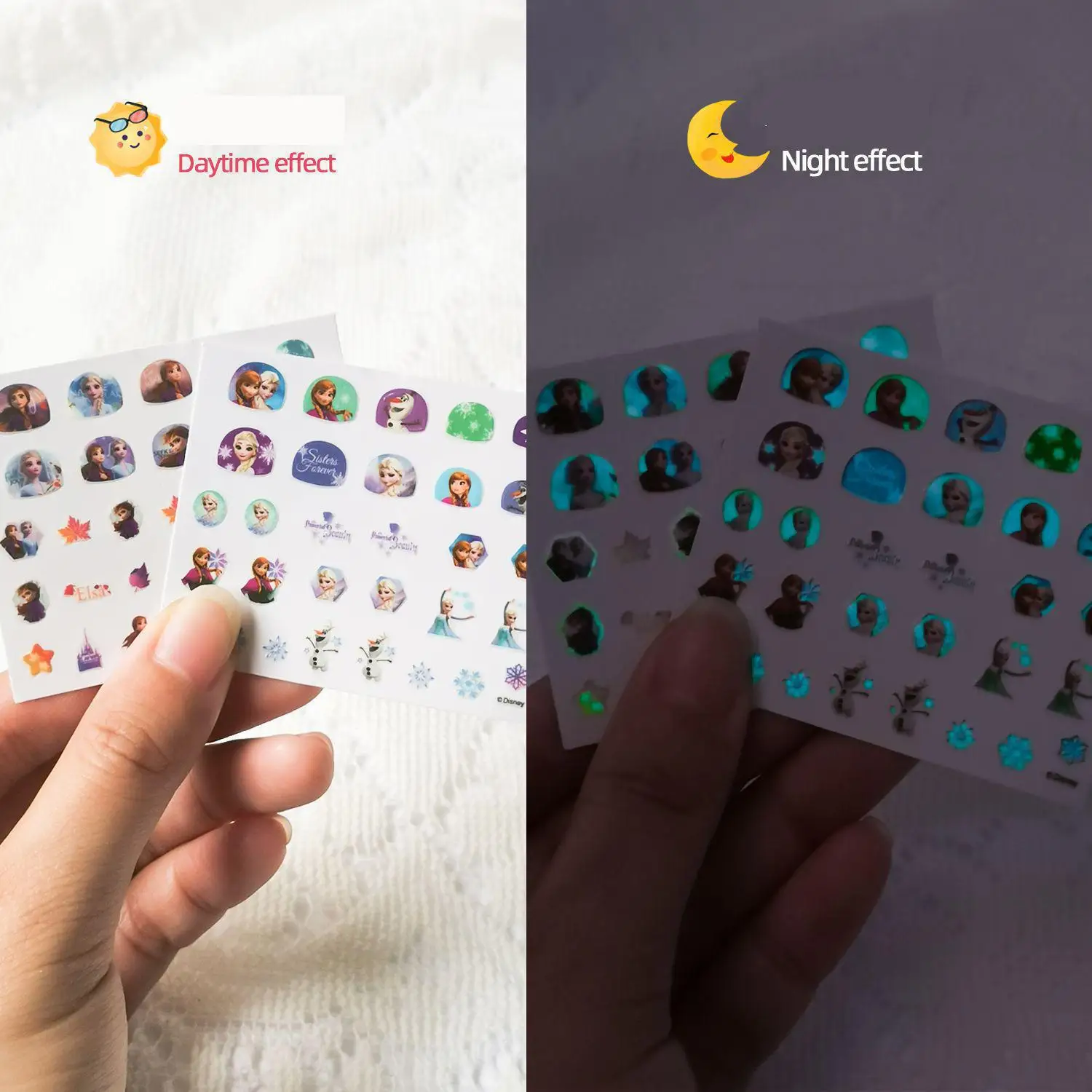 Random 1Pcs Disney Luminous Night Cartoon Frozen Princess Pooh Bear Snow White Nail Stickers Minnie Mickey Stickers For Kid Gift