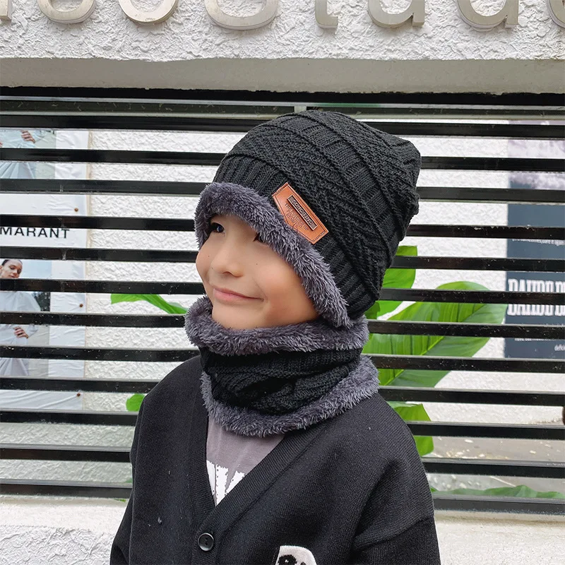 

Outdoor Anti-Cold Hat Scarf Set for Boy Girl Winter Thick Plush Warm Kids Knit Pullover Hats Neck Covers Windproof Neckerchief