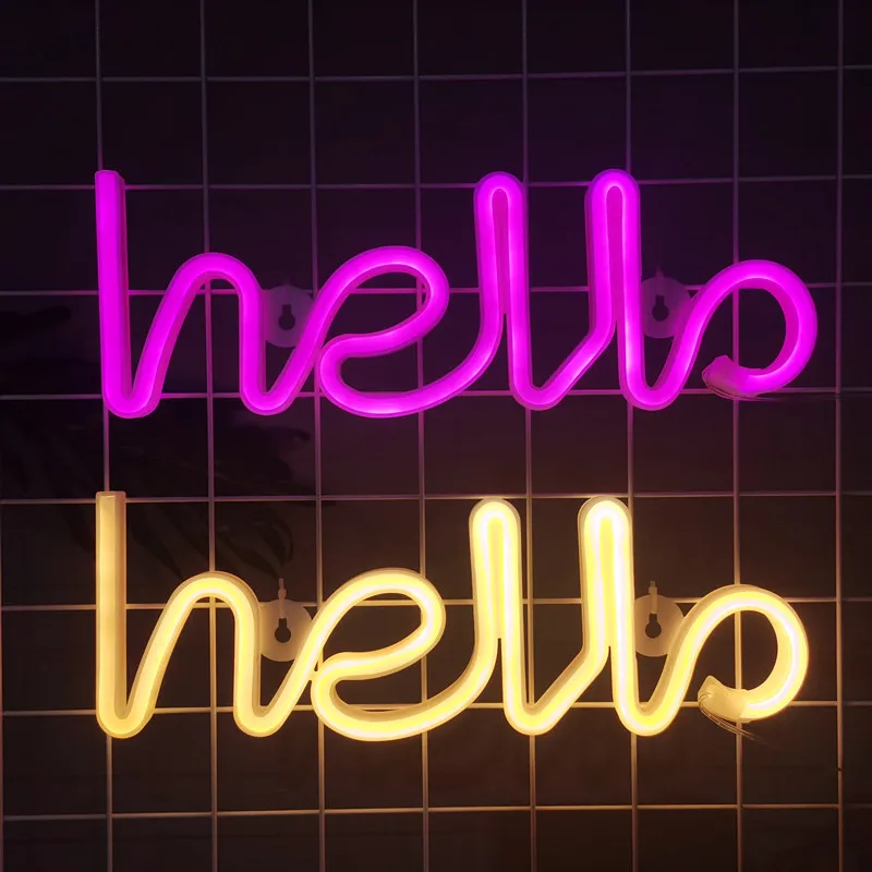 LED Hello Letter Neon Sign Lights For Bedroom Wall Hanging Night Lamp Atmosphere