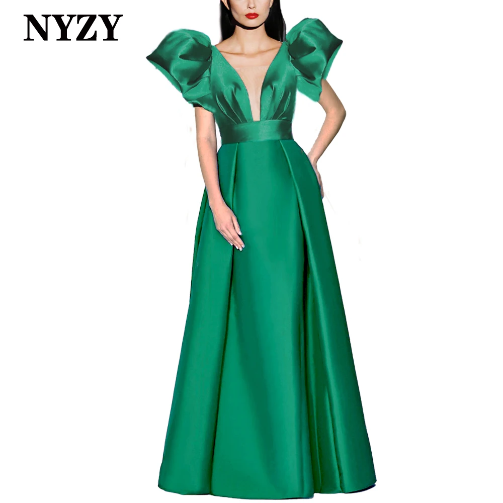 NYZY-Vestido largo de satén con mangas abullonadas y escote en V profundo para quinceañera, traje Sexy Formal de noche para graduación, color azul, P151D, 2024