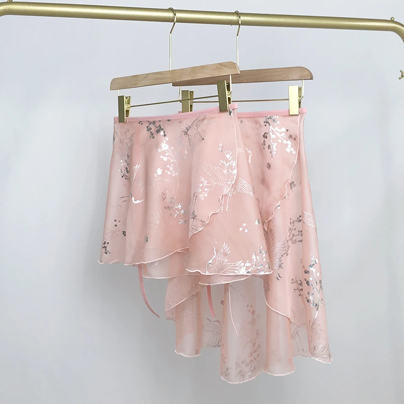 バレエダンススカート-ハーフ丈-ワンピース-大人用-パフォーマンス-ロングドレス-ベルト付き-金鶴デザイン-ピンク-女性用