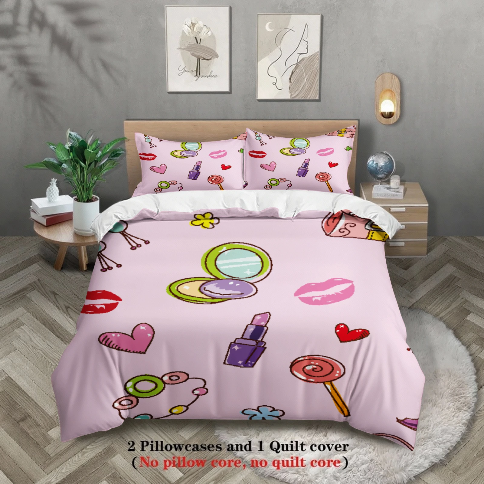 3pcs Makeup Cosmetic Bedding Sets 3D Printed Lipstick Mirror Heart Duvet Cover Sets With Pillowcases No Filling