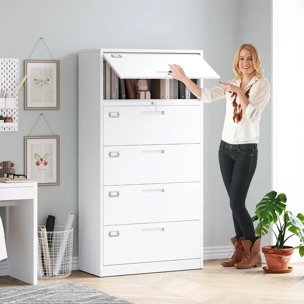 File Cabinet with Shelf and Flip Door, 5 Tier Metal Lateral Filing Cabinets with Lock, 4 Drawer File Cabinet