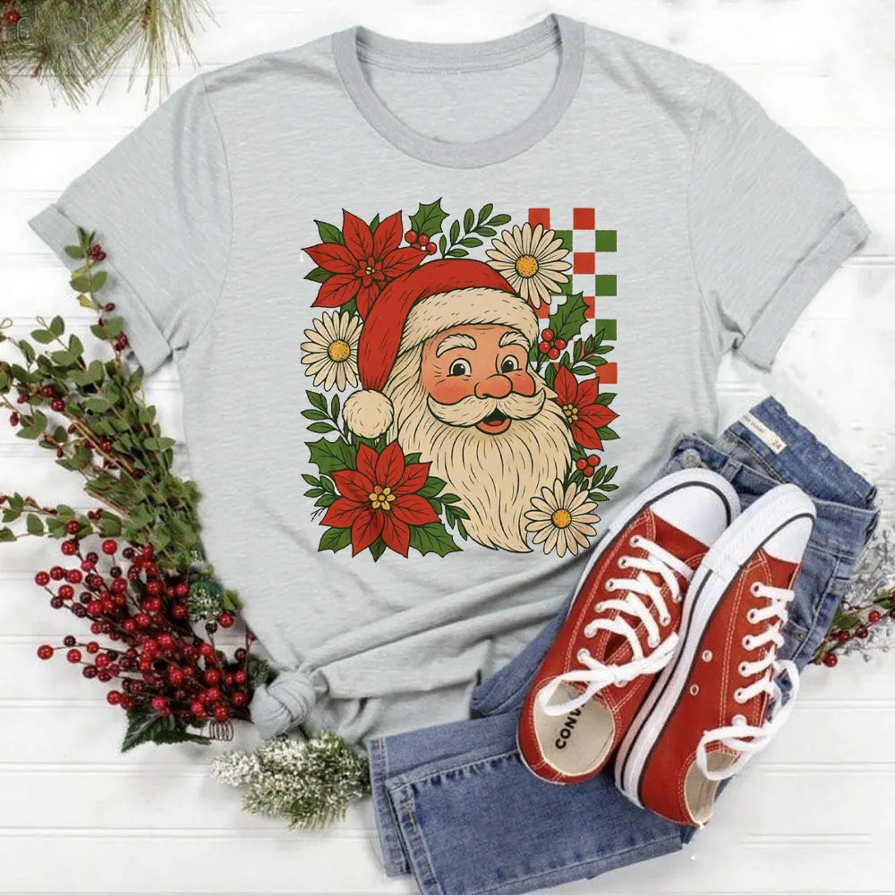 Checkered Santa Claus Women T Shirt Santa Claus Tops High Quality Cotton Comfortable Personality Tops Aesthetic Clothes