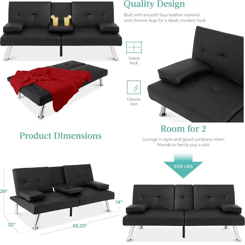 

Modern Faux Leather Convertible Futon Sofa Bed with Adjustable Folding and Removable Armrest for Guest Sleeping