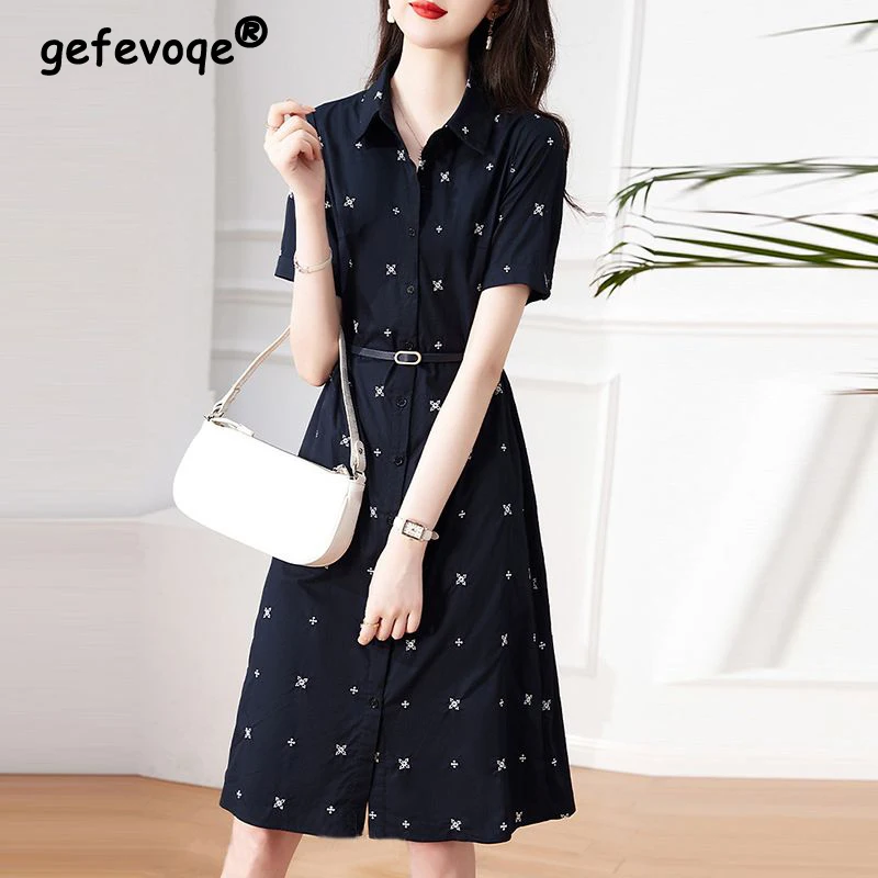 Women Clothing 2024 Summer Fashion Print with Belt Elegant Shirt Dresses Female Short Sleeve High Waist Slim Midi Dress Vestidos