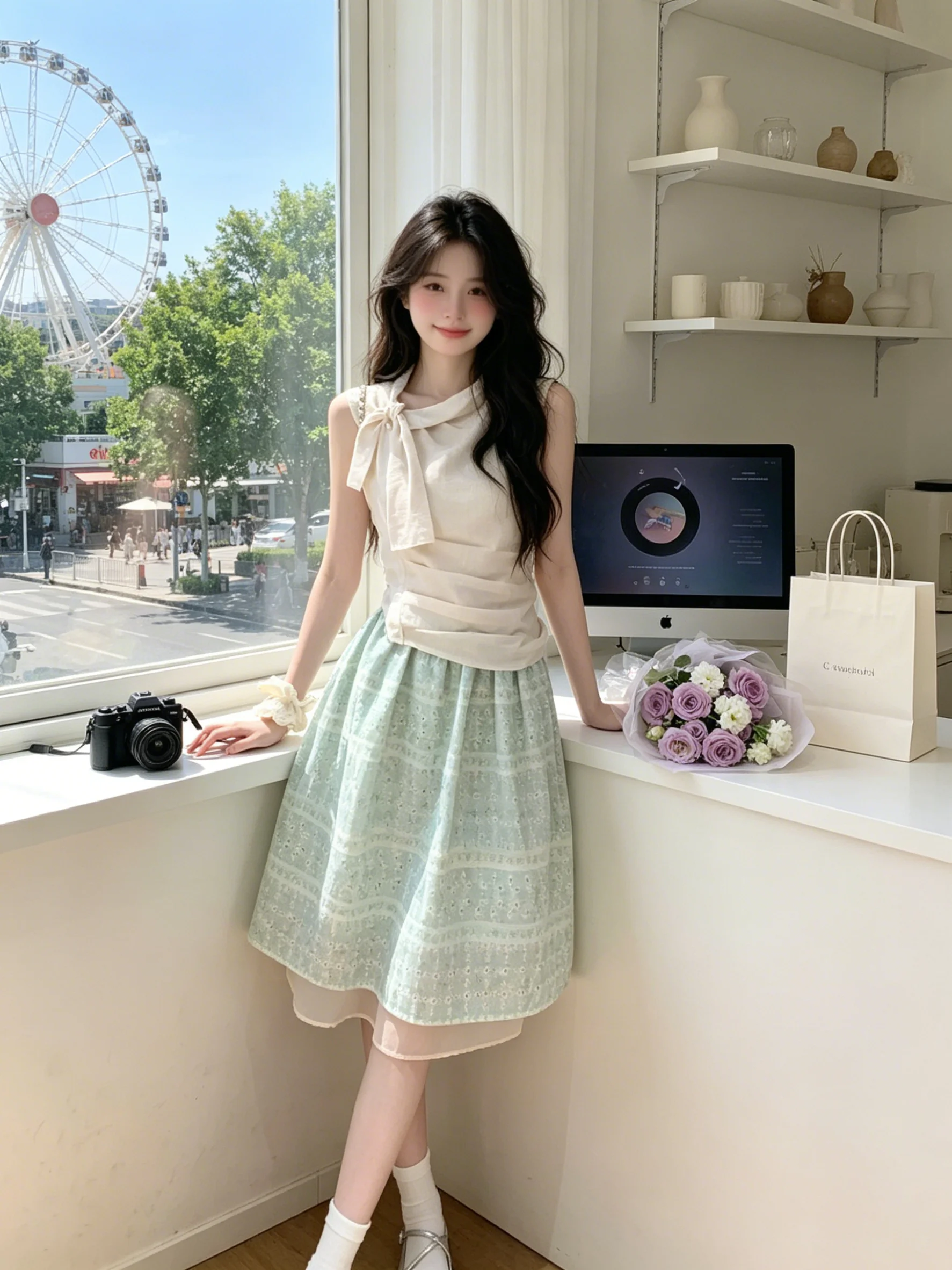 

Unique Sweet Style Women's Summer Shirt And Skirt Set Beautiful Pink Stripes Knot Sleeveless Floral Half-length Skirt