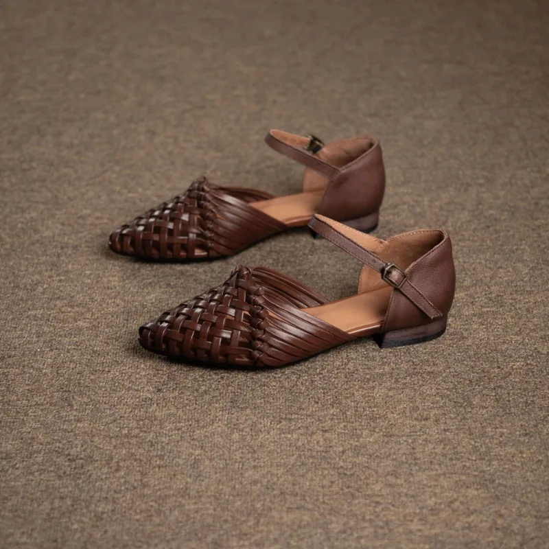 

Hand-woven Leather Sandals Women's Spring and Summer New Pointed Cowhide Retro Temperament Shoes Fashion High Quality
