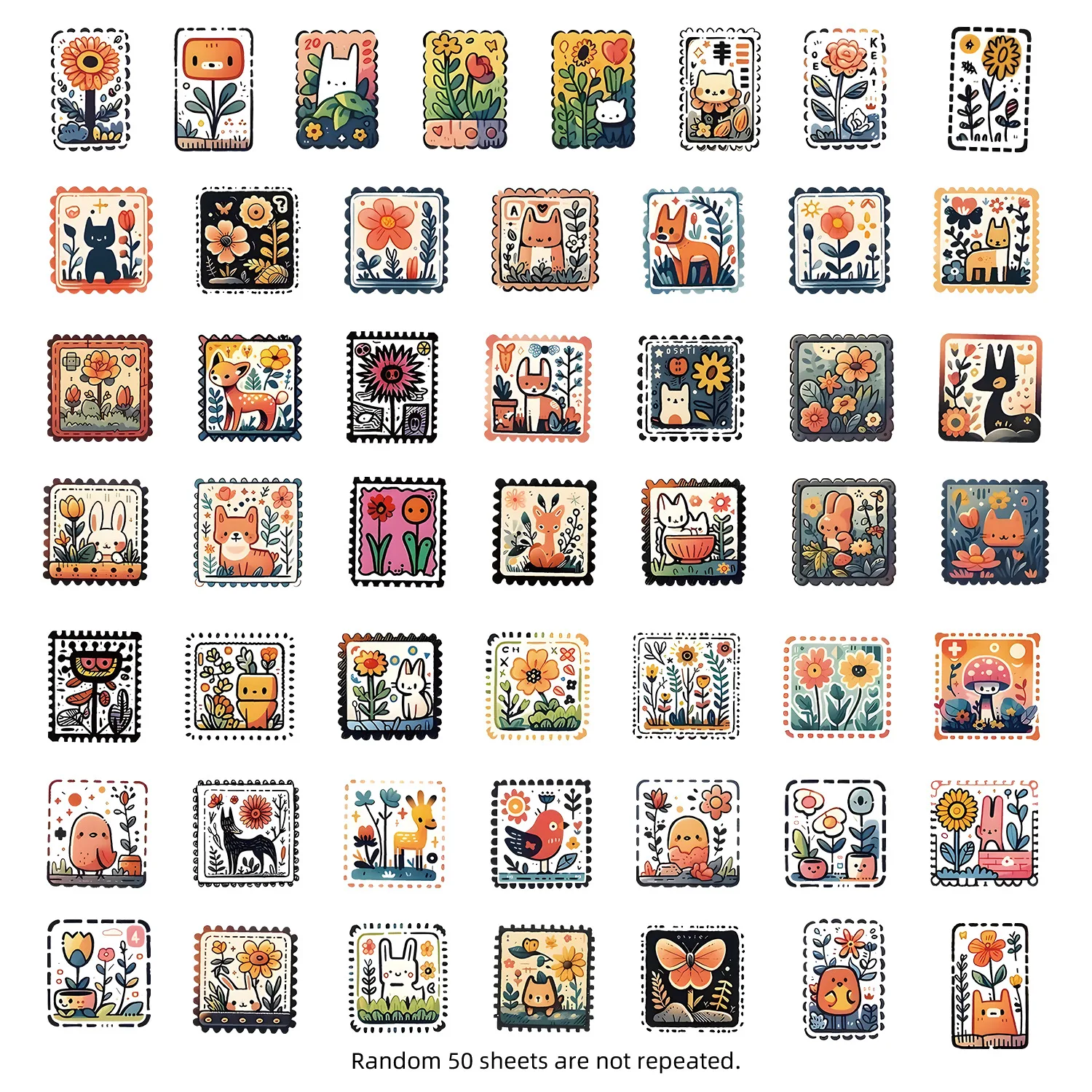 50pcs Animals Plants Stamp Series Graffiti Stickers For Mobile Phone Shell Skateboard Decorative Stickers DIY Toy Sticker Pack