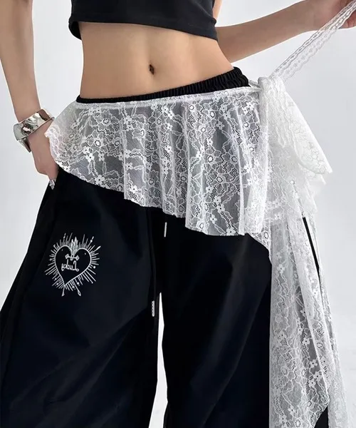 Jeans Pants Decor Embroidered Flower Lace Mini Skirt Irregular See Through Ruched Skirts High Waist Harajuku Pleated Skirts