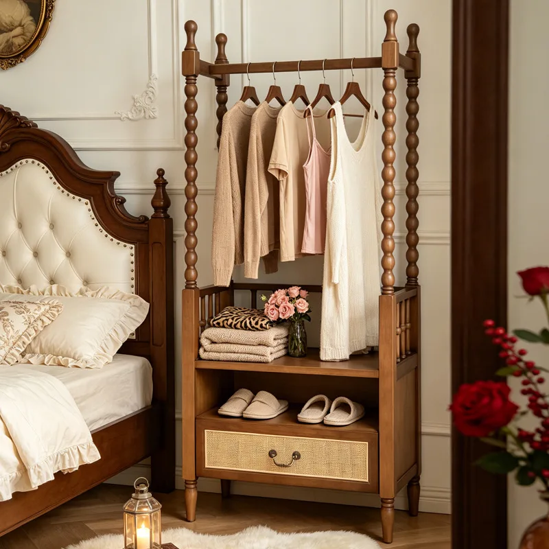 Solid wood vintage style coat rack, clothes drying rack, homestay and hotel storage cabinet