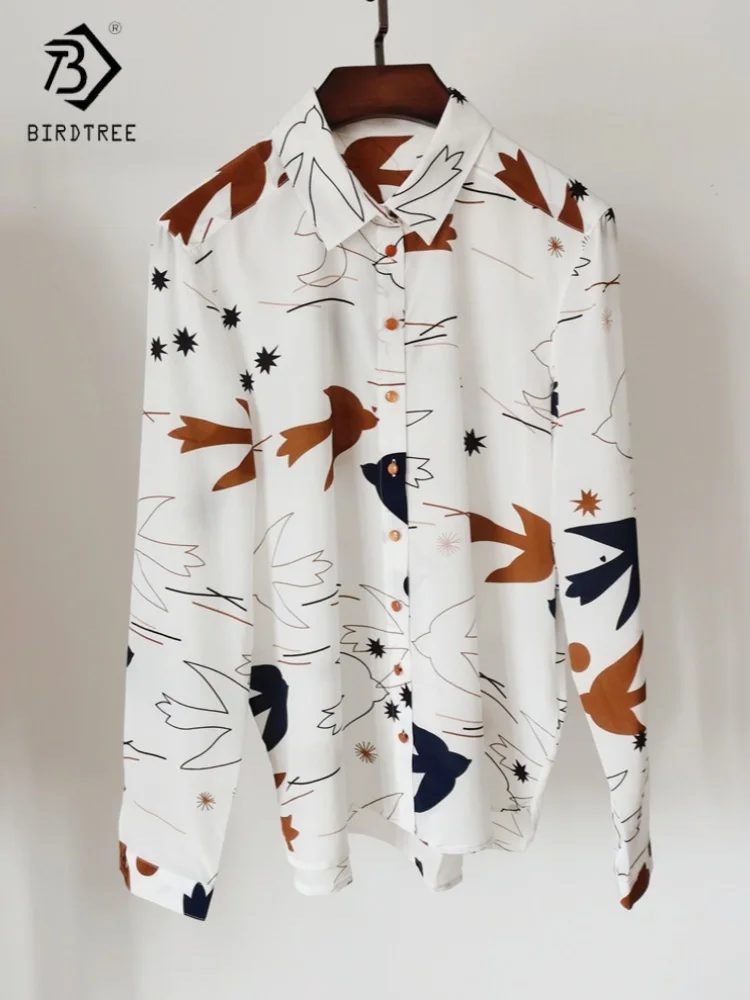 

Birdtree, 100% Silk Print Blouse, Women's Double Crepe Lapel Neck Tops, Commuting, Single Breasted, 2025 New Shirt T5D302JF