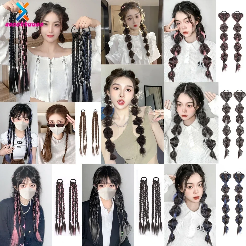 شعر مستعار اصطناعي للنساء فتاة ملونة مصبوغة الضفائر ذيل حصان شعر مستعار حبل هيكل السمكة تويست حزام متابعة ملحقات إكسسوارات الشعر