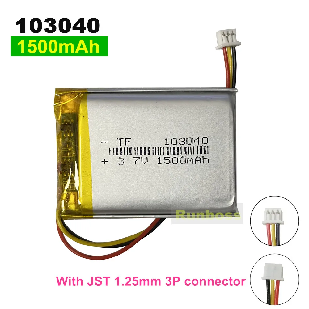 1-10PCS 103040 3.7V 1500mAh Polymer Lithium Rechargeable Battery JST 1.25mm 3P Plug For GPS Navigator MP5 Bluetooth Headset DVD
