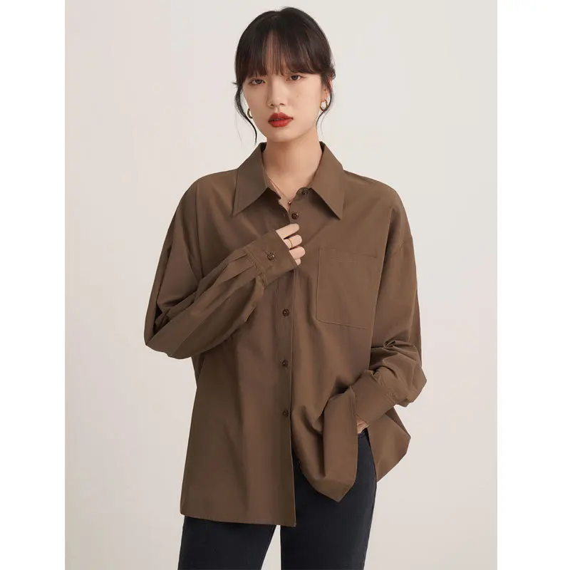 Elegant Women's Shirt Spring Autumn Coffee Color Long Sleeve Loose Tops Shirts Femininas Single-Breasted Ladies Blouses