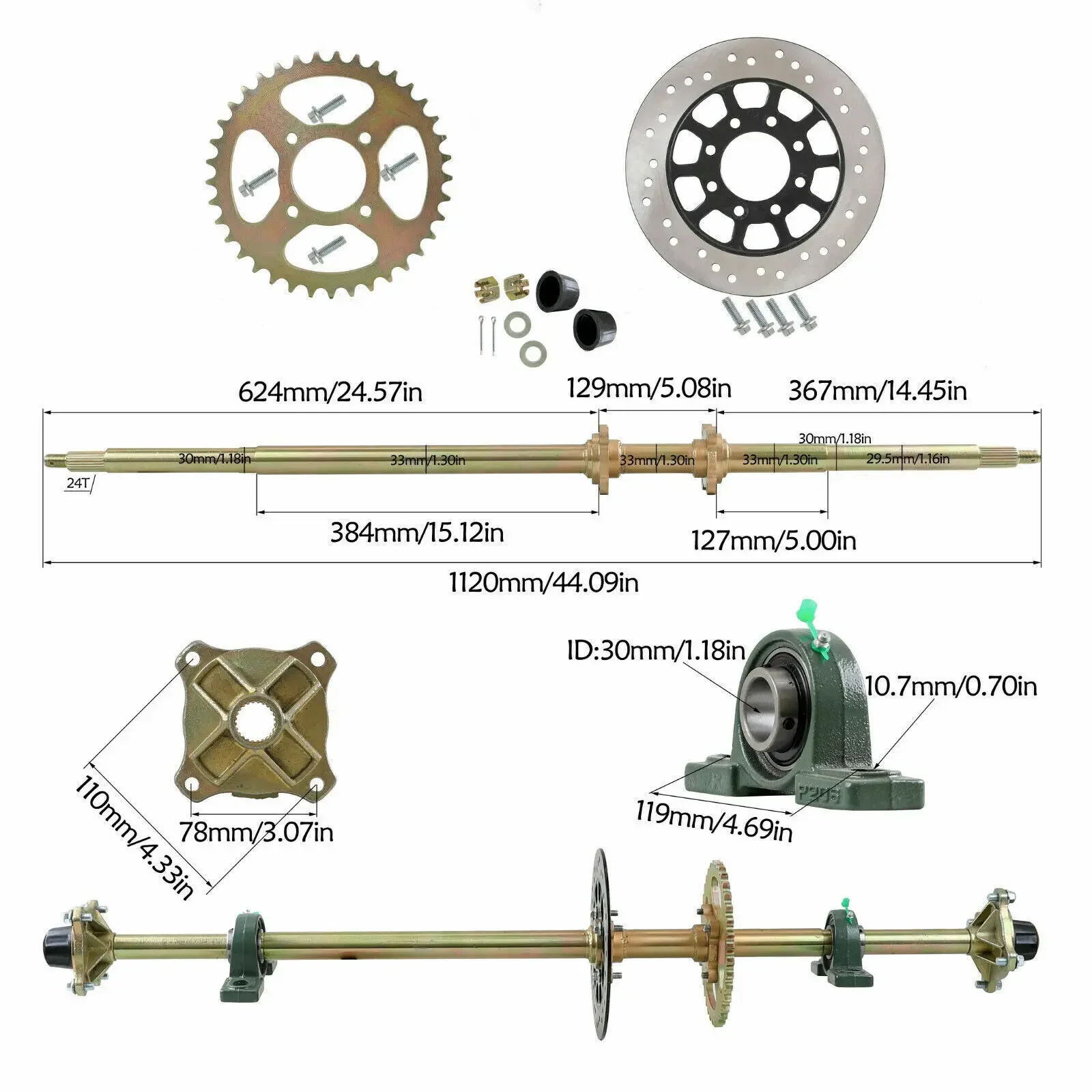 TDPRO 44'' Go Kart Rear Live Axle Kit Brake Caliper Chain Hubs Sprocket  for ATV Quad and Drift Trikes 7