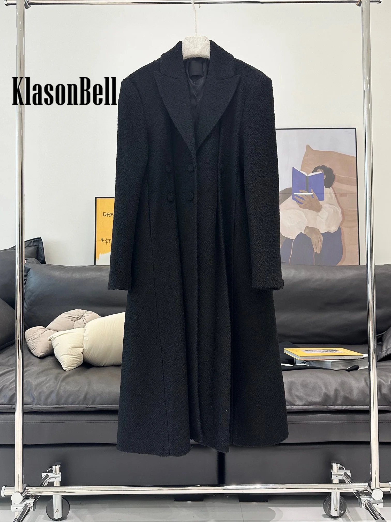 10.8 KlasonBell Women Runway Autumn Winter New Ruched Collect Waist Wool Coat Triple Breasted Design Lapel Long Outerwear