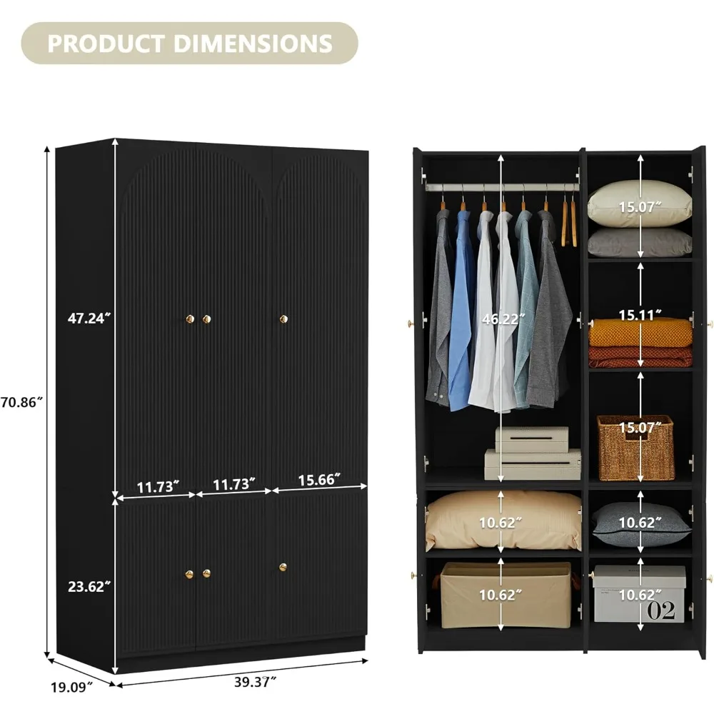 6 Doors Freestanding Armoire Wardrobe Closet, Large Capacity Wardrobe Cabinet, Wooden Closet for Bedroom Black