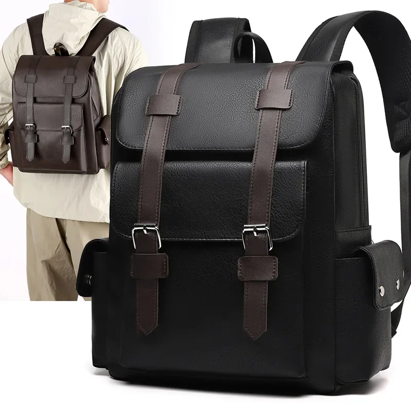 Mochila para hombre, de cuero sintético, de gran tamaño, con compartimento para portátil, mochila para adolescentes, mochila escolar negra para niños, mochila marrón.