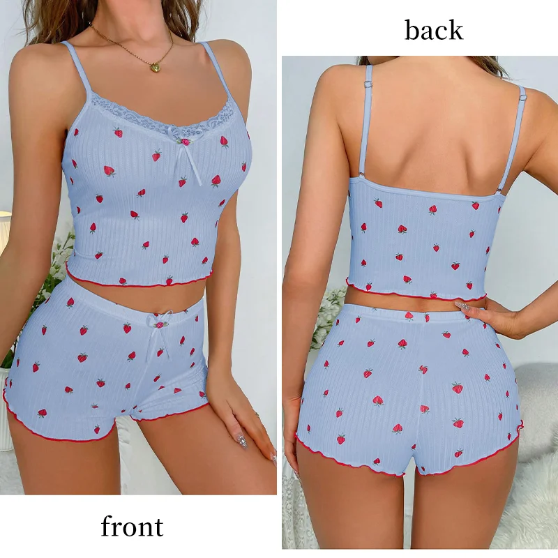 Two Piece Women's Strawberry Printed Pajama Set with Ribbed Knit Printed Lace Trim Vest and Shorts Casual Women Pajama Set