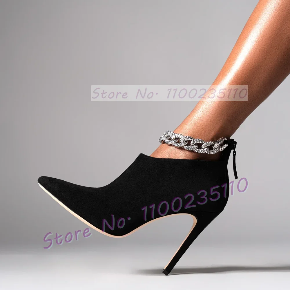 Pink Suede Crystal Chain Booties Women Trends Pointy Toe Metal Anklet Party Shoes Female Patchwork Back Zipper High Heels Boots view 3