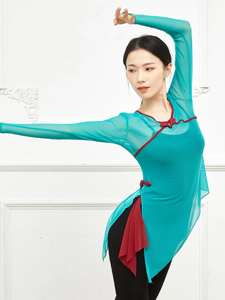 قميص رقص باليه شبكي بأكمام طويلة للنساء، قميص بحاشية مقسمة برقبة على شكل حرف V للممارسة والرقص الحديث والعروض