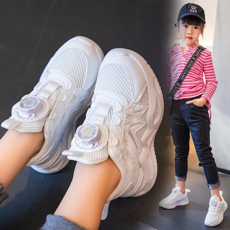 Girls' Sports Shoes Spring and Autumn Children's Fashion White Shoes Medium and Large Children's Rotating Button Soft Bottom Boy