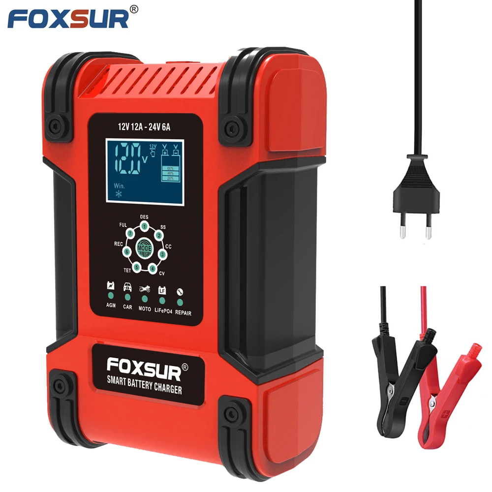 FOXSUR 12V 24V 12A Pulse Repair Charger, LiFePO4 Motorcycle & Car Battery Charger, AGM Deep cycle GEL EFB Lead-Acid Charger