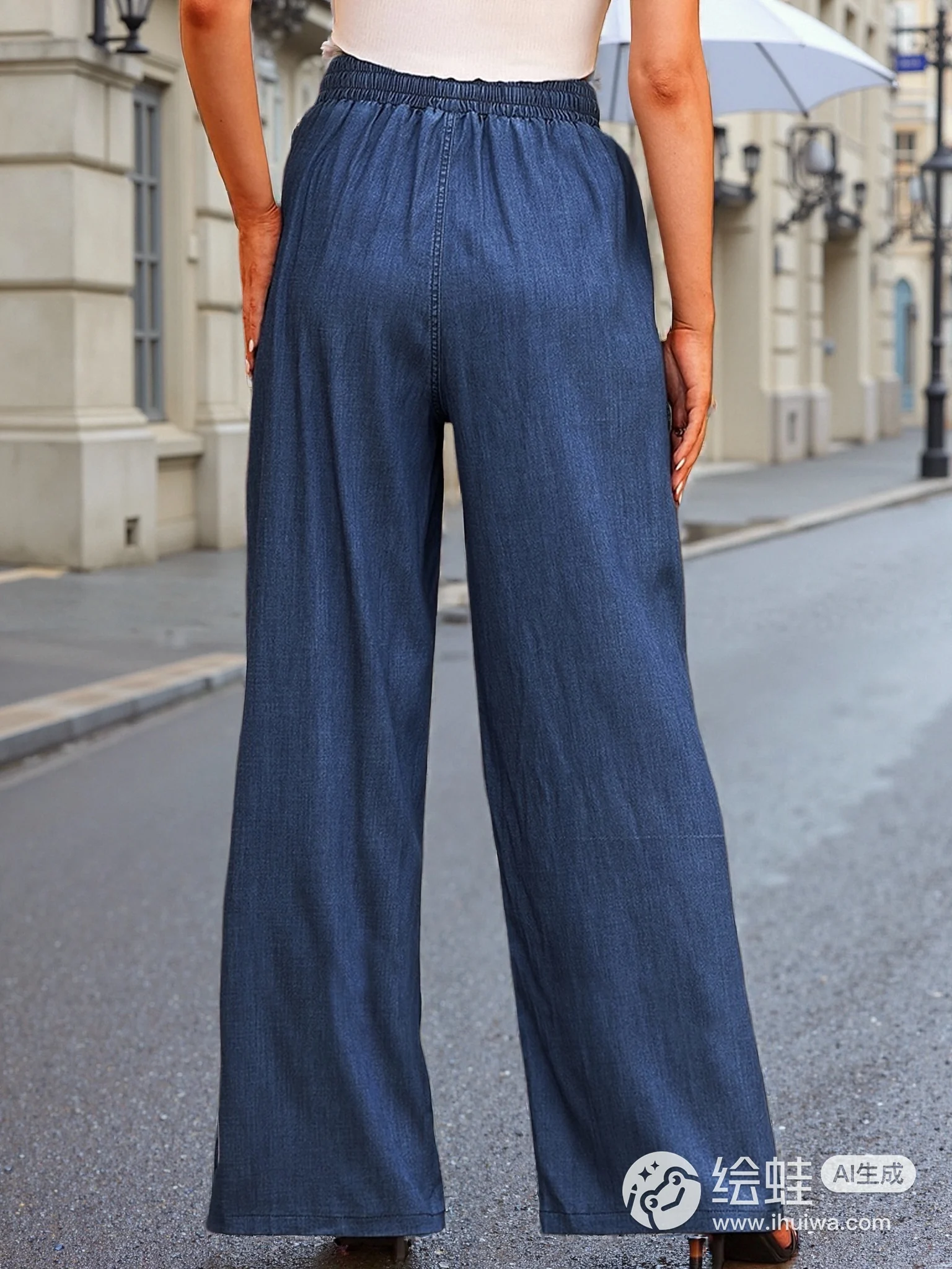 レディースブルー弾性ウエスト巾着ワイドレッグストレッチ薄いデニムパンツ柔らかい生地エレガントなオフィスカジュアル通勤スタイル
