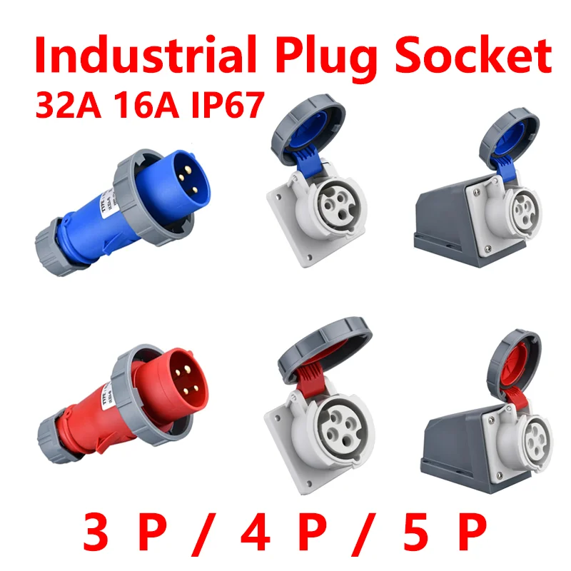 

IP67 Industrial Plug and Socket Waterproof Connector 3PIN 4PIN 5PIN 16A/32A Waterproof Electrical Connection Wall Mount Socket