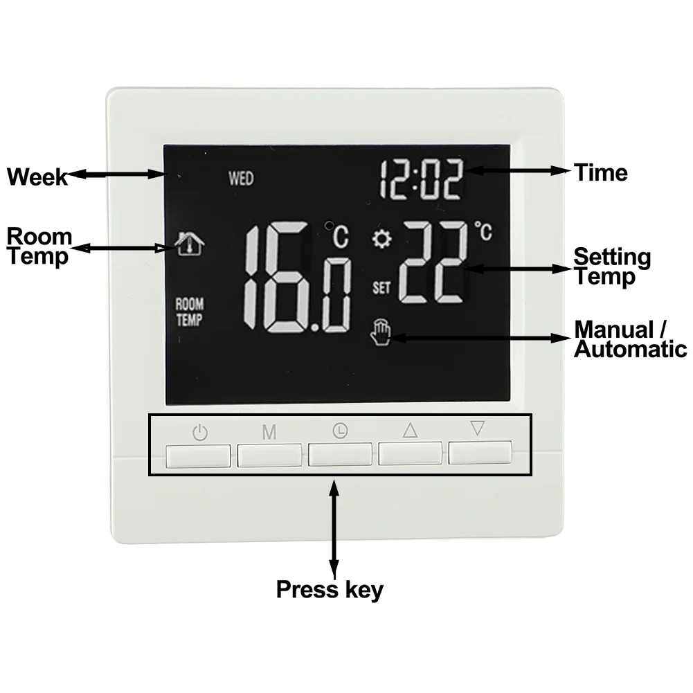 

Wired Boiler Thermostat Programmable Thermostat Temperature Adjustment Range 5-90 Child Lock Function For Home Heating