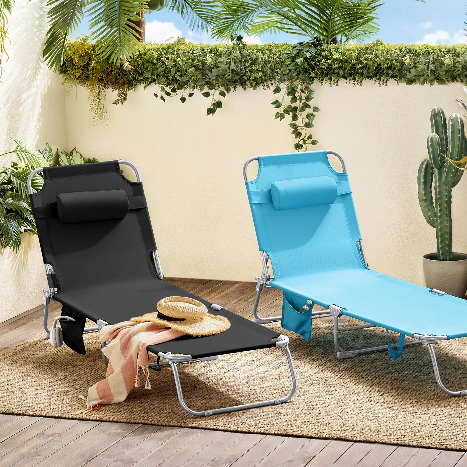 SoBuy OGS35 onnenliege klappbar Gartenliege Liegestuhl klappbar mit Kopfkissen & Seitentasche für Gartenmöbel 155x56x81cm – Detail 3
