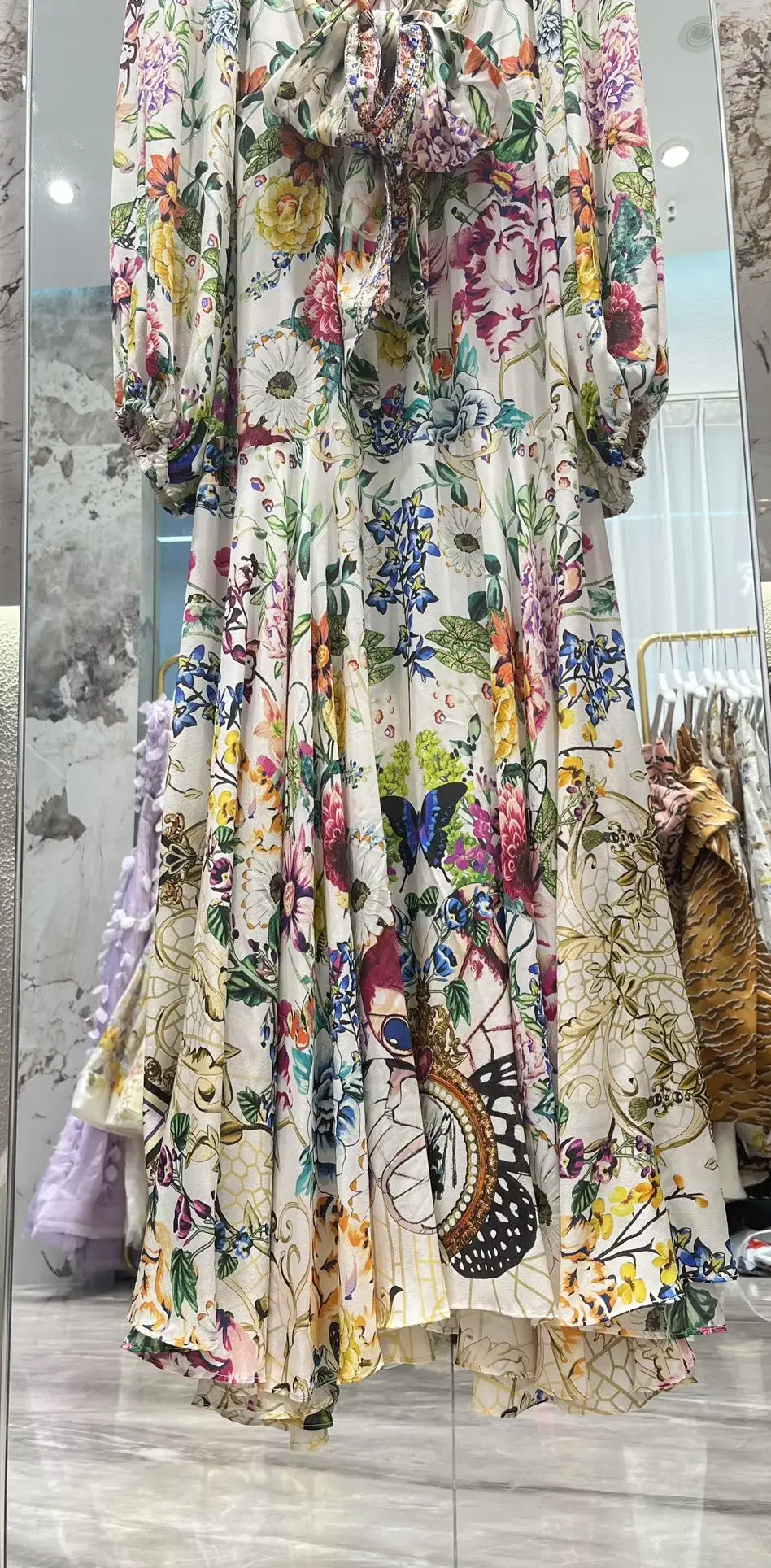 Women Lace-up Long Dress Flower Printed Beaded V-Neck Holiday 100% Silk Robe