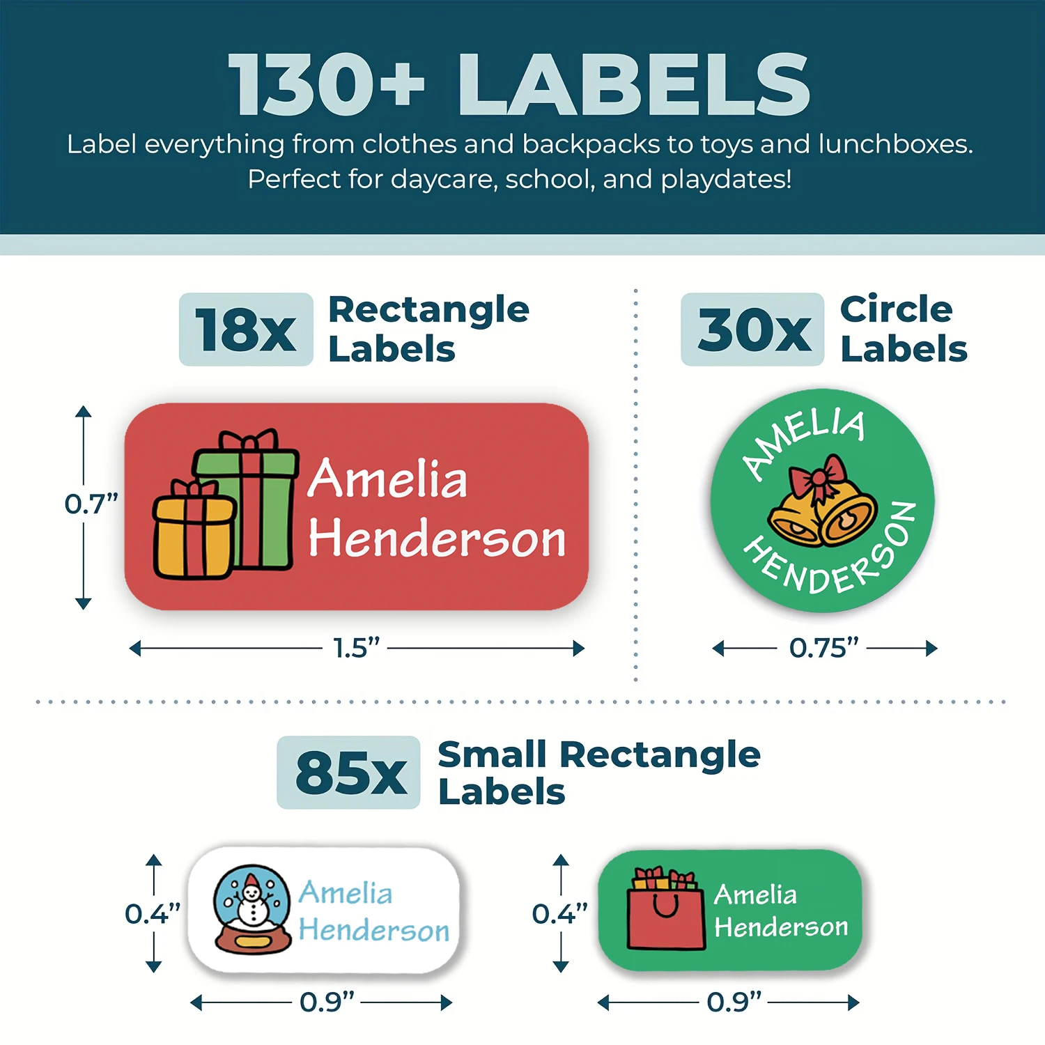 130+PCS Personalized Christmas Name Labels, Custom Holiday Stickers for Bottles, Lunch Boxes, School Supplies