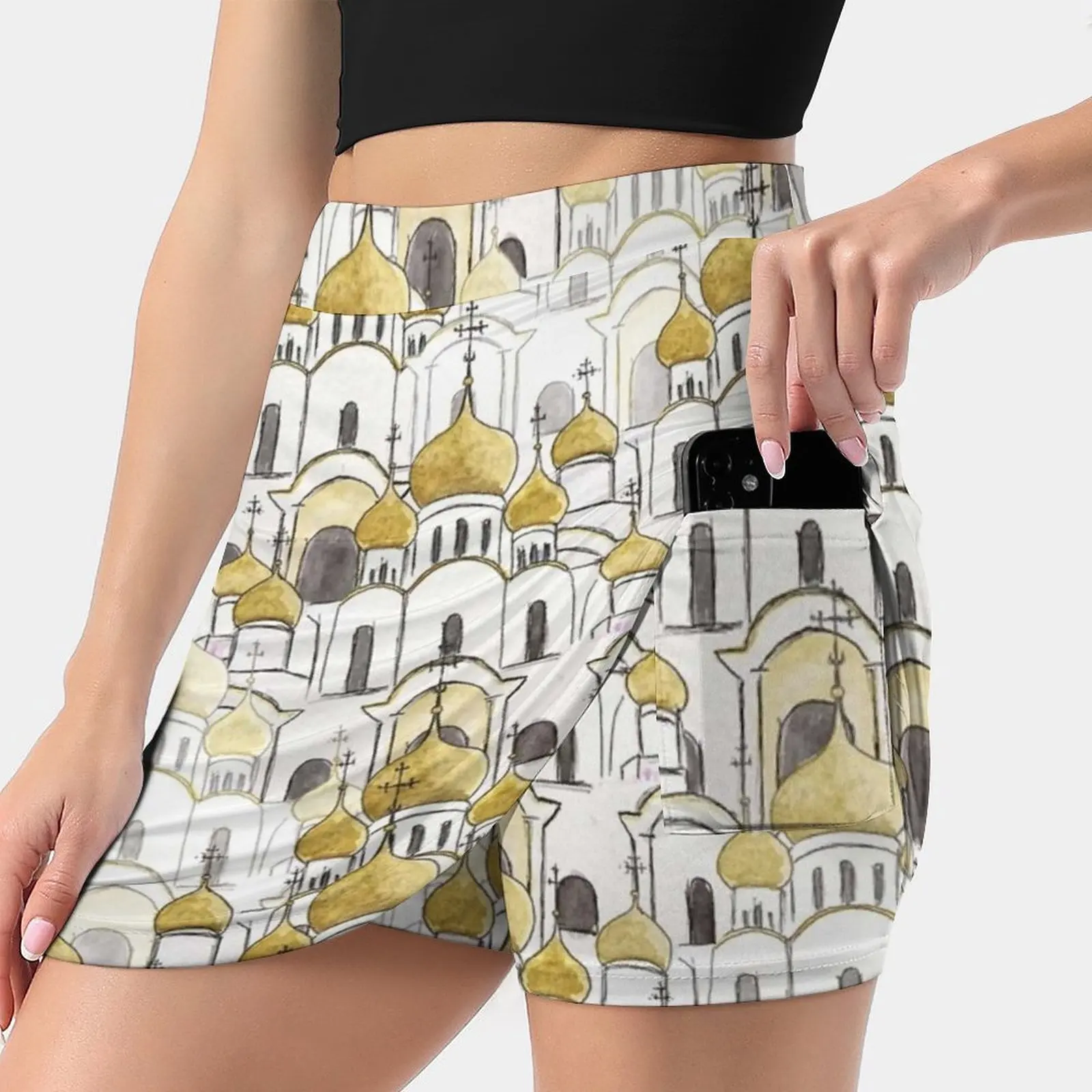 Golden Russian Cathedral Church Pattern Skirts Woman Fashion 2022 Pant Skirt Mini Skirts Office Short Skirt Golden Pattern