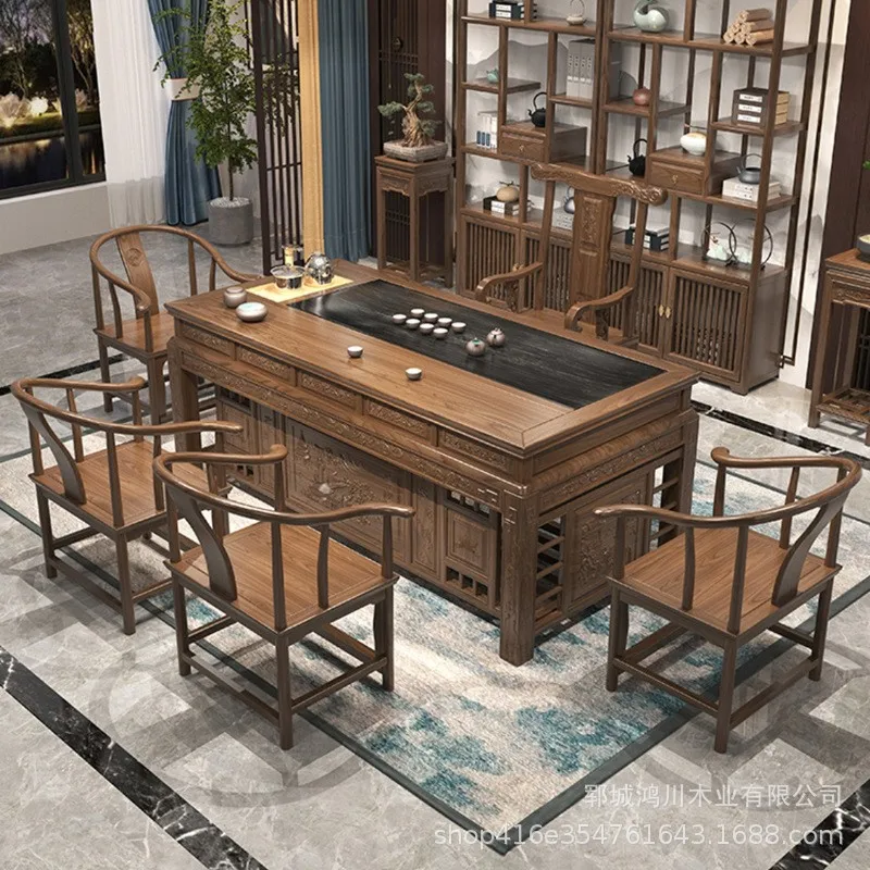 

Чайный стол и стулья Wujinshi из массива дерева, стол для чаепития Кунг-фу, рабочий стол из вяза, домашний балконный кофейный столик, чайный набор