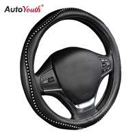AUTOYOUTH Fashion Steering Wheel Cover Black Lychee Pattern with Luxury Crystal Rhinestone M size Fits 38cm/15\