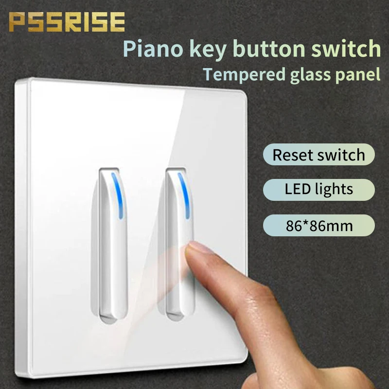 

PSSRISE Black Wall Light Switch Tempered Glass International Switch Self-reset 1-4Gang 1/2Way LED Indicator Piano Key Wall Panel