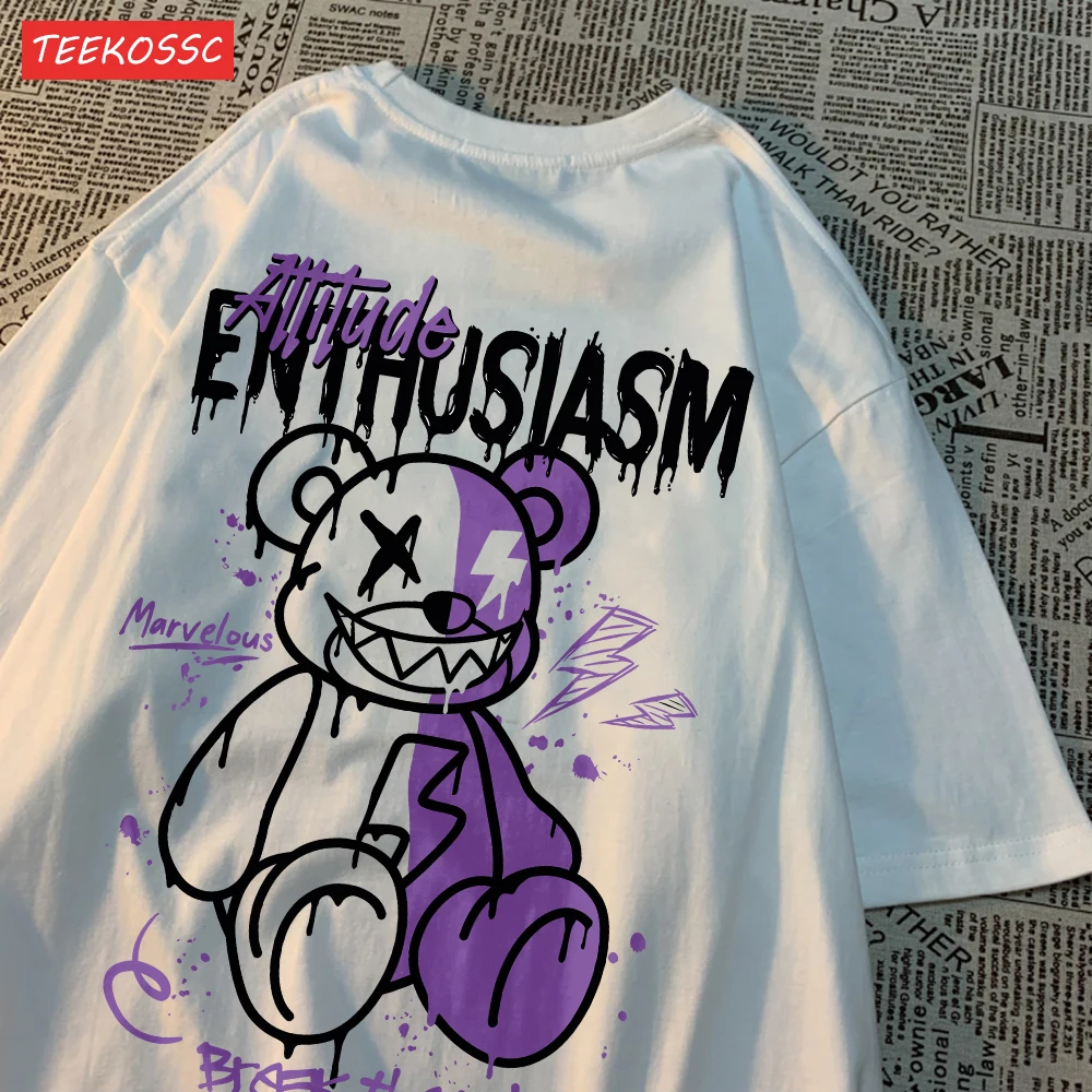 캐주얼 코튼 티셔츠, 규칙 문자 휴식, 귀여운 곰 인쇄, 반팔, 오버사이즈 O-넥, 부드러운 패션, 여성 의류