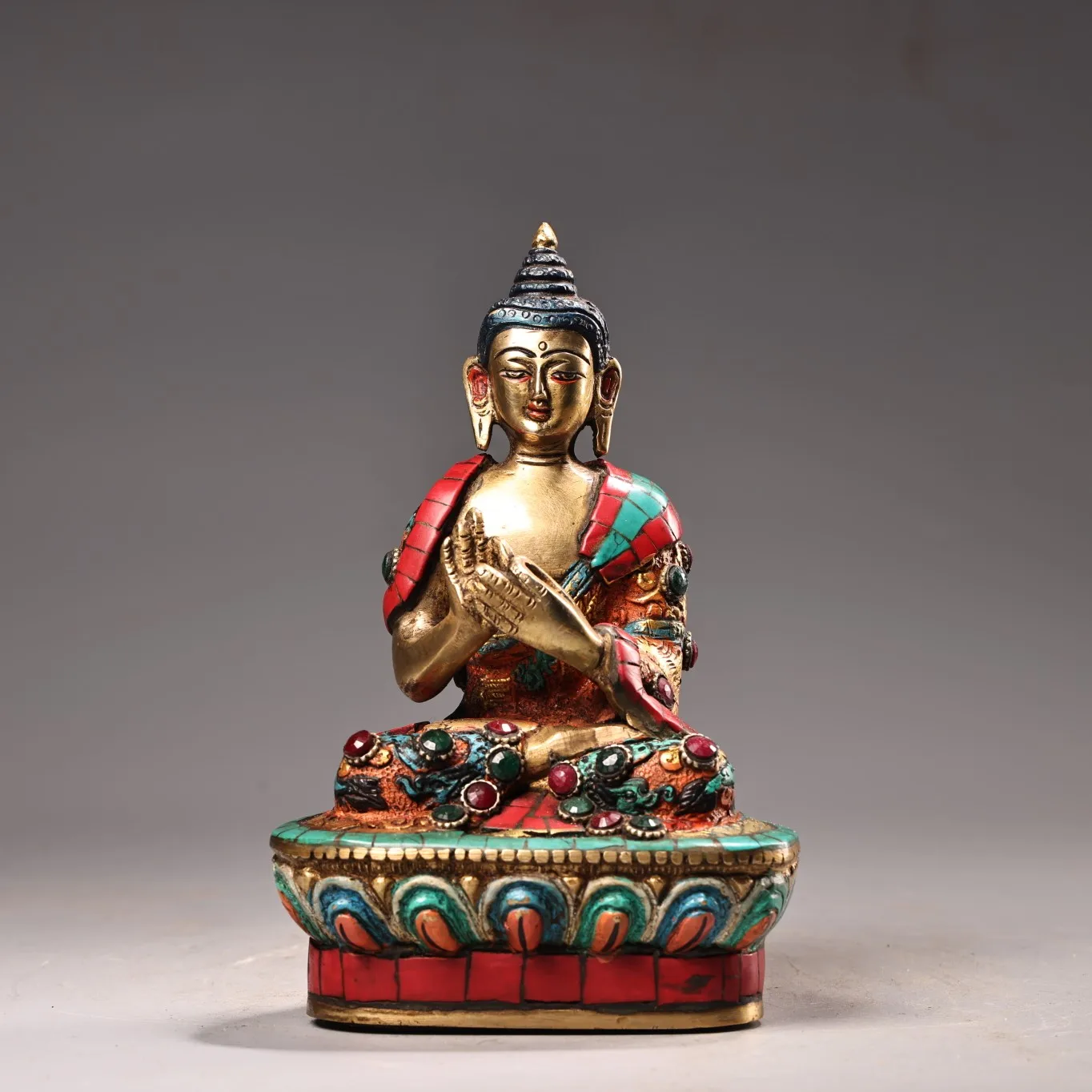 

7"Tibetan Temple Collection Old Bronze Painted Outline in gold Mosaic Gem Turquoise Dipamkara Amitabha Buddha Worship Hall