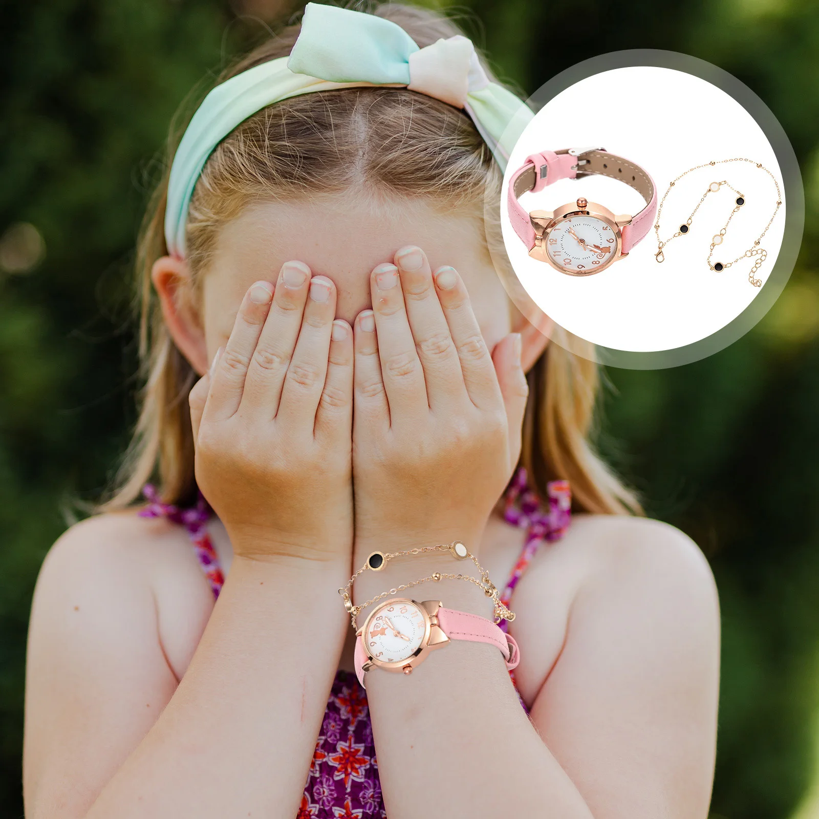 

1 set 1 set Watch Set Women Pink Belt Watches Cute Cartoon Fashion Pattern Quartz Wrist Fashion Accessories