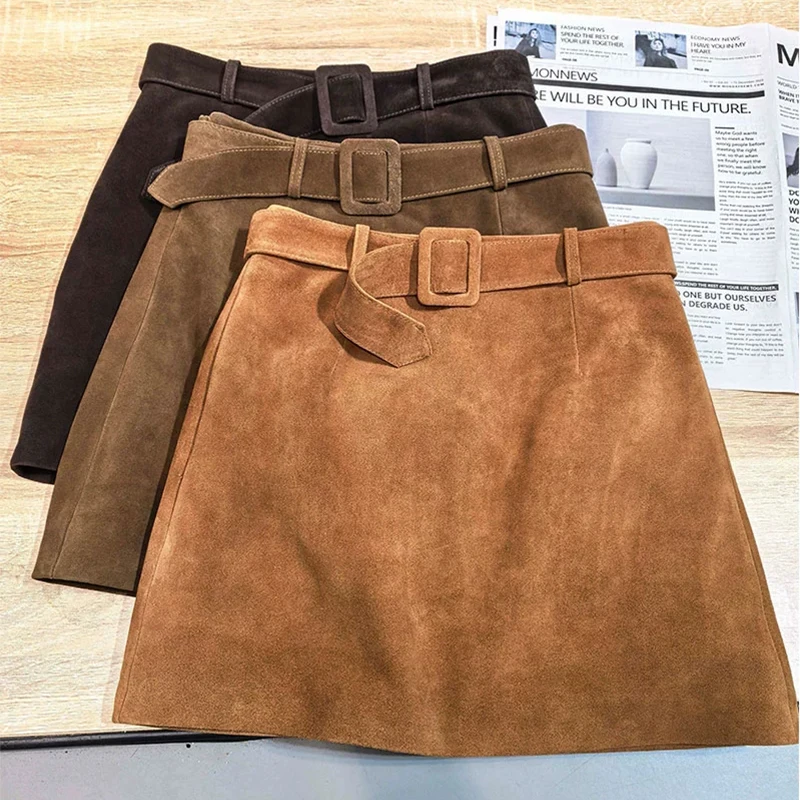 

Импортная замшевая мини-юбка из натуральной кожи ягненка для женщин, модные женские тонкие облегающие короткие кожаные юбки трапециевидной формы с высокой талией