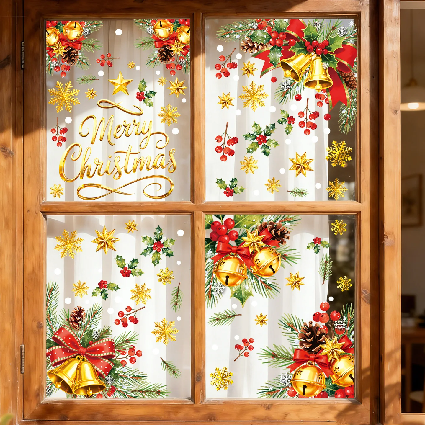 Christmas Decoration Window Stickers Golden Bells Snowflakes Static Cling Decals Xmas Decor Navidad Gift Vinyl Glass Stickers