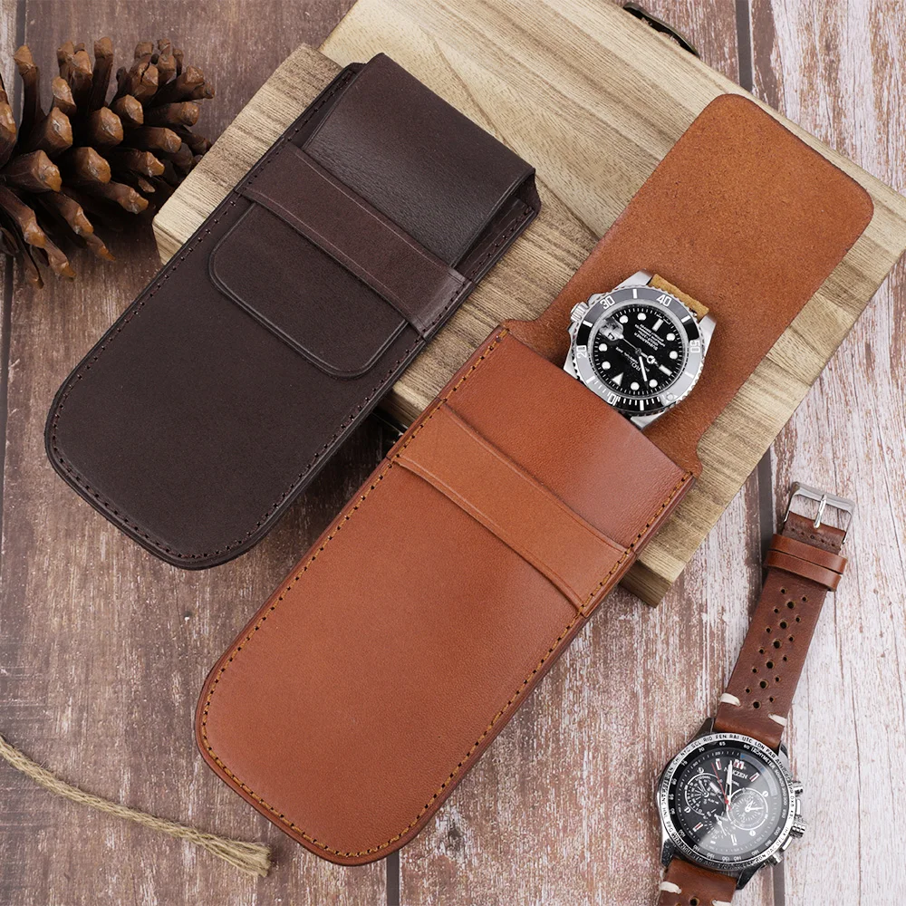 Retro Soft Genuine Leather Watch Box Travel Portable Smart Watch Organizer Bag Brown Coffee Watch Bag Protective Cover Gifts