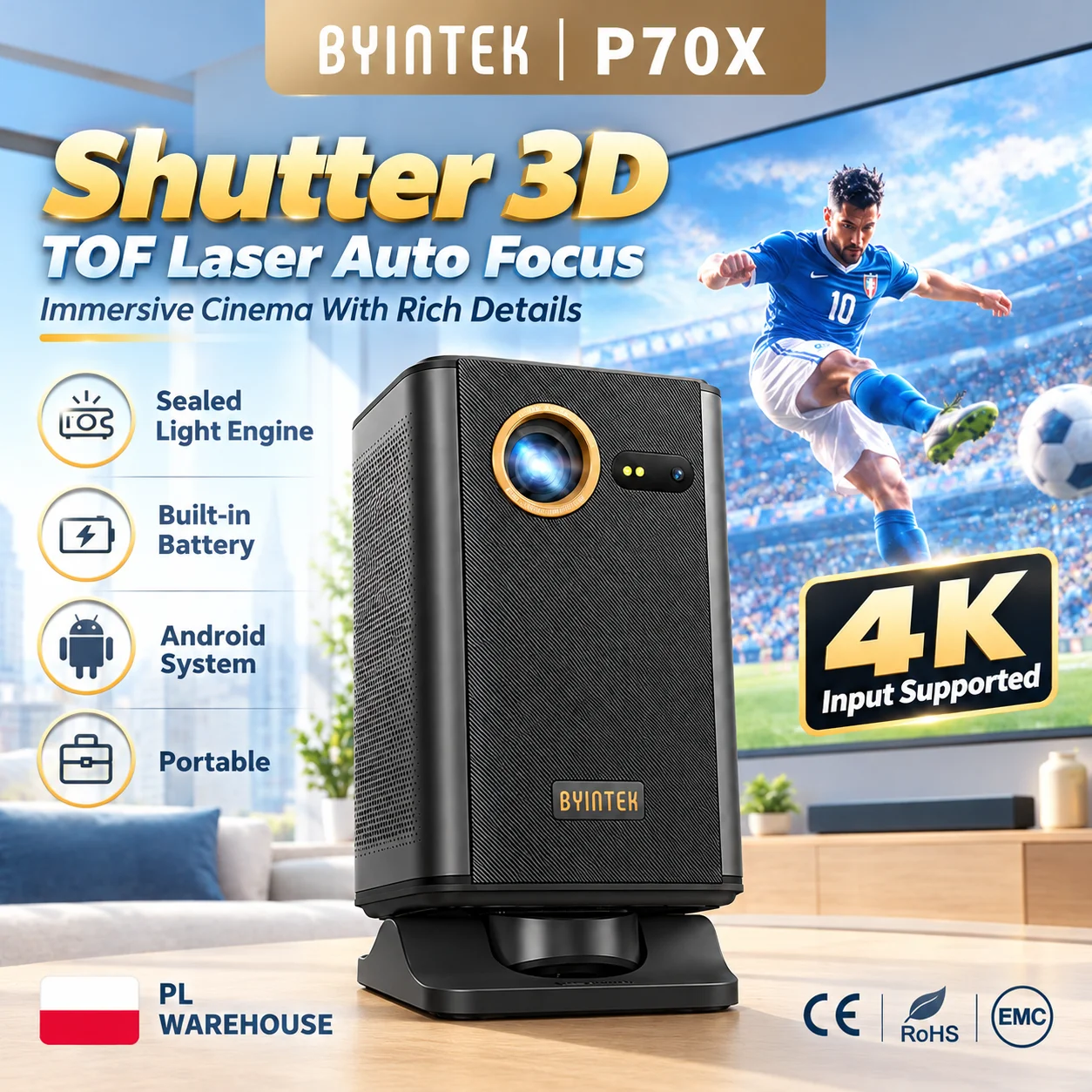 Mini Proyector Portátil BYINTEK P70X con Batería Integrada, Compatible con 4K y 3D, Wifi, para Cine en Casa y Exteriores