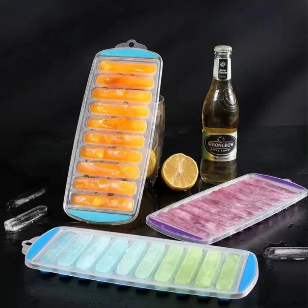 DIY 10 Holes Long Strip Ice Cube Mold with Lid Homemade Ice Cube Tray Silicone Baking Mold Summer