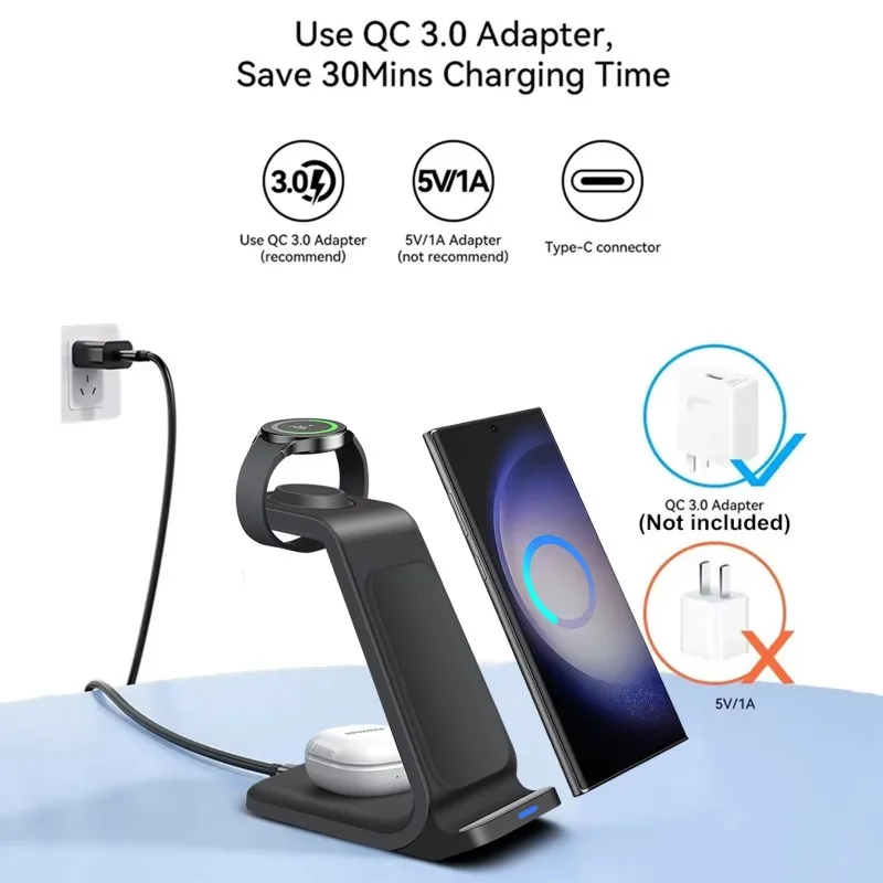 Wireless Charging Station for Samsung Charger 3 in 1 for Galaxy S24 Ultra/S23/S22/Note 20/10, Galaxy Watch 6/5/Pro/4, Buds 2 Pro