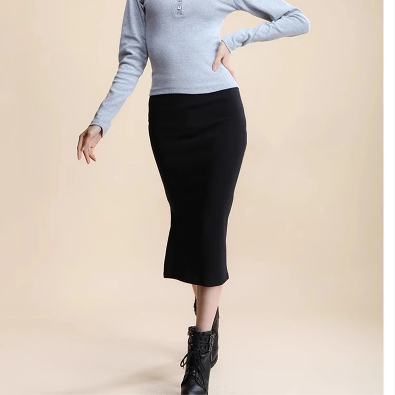 Rok Pensil Wanita Musim Dingin Pinggang Tinggi Bahan Stretch Belahan Depan Model A-Line Kasual Gaya Korea Elegan Warna Hitam